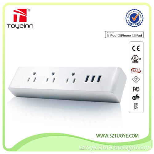 3-Outlet Travel Charger Power Strip with 3.4A Max 3 USB Ports, 1.8M Power Cord for iPhone 6s/6/6 plus